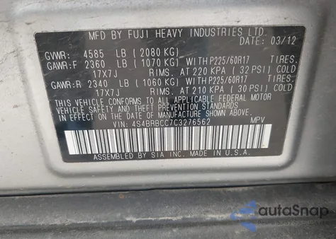 2012 Subaru Outback 2.5I Premium from USA, damaged, VIN 4S4BRBCC7C3276562